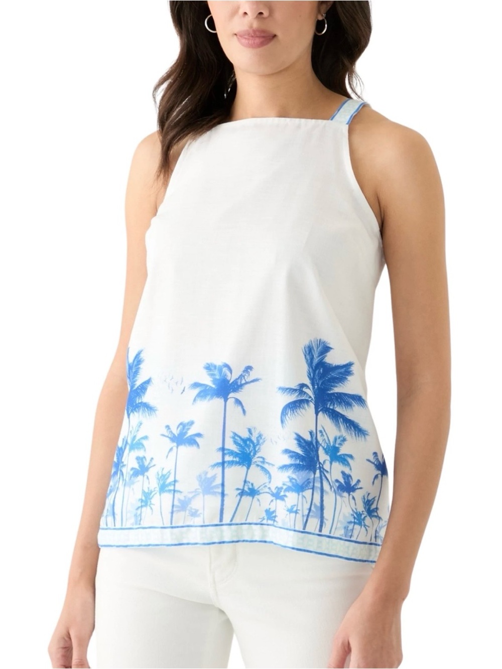 crown & ivy White Halter Tank with Blue Palm-Print Hem